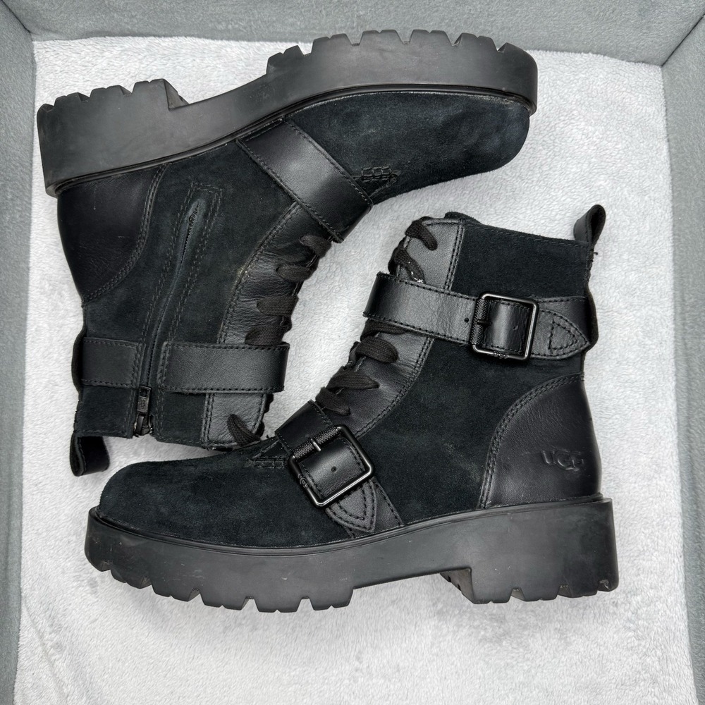 UGG Noe Black Leather Suede Moto Combat Boots Women's 10 Buckle Lug Sole Zip - Picture 4 of 9